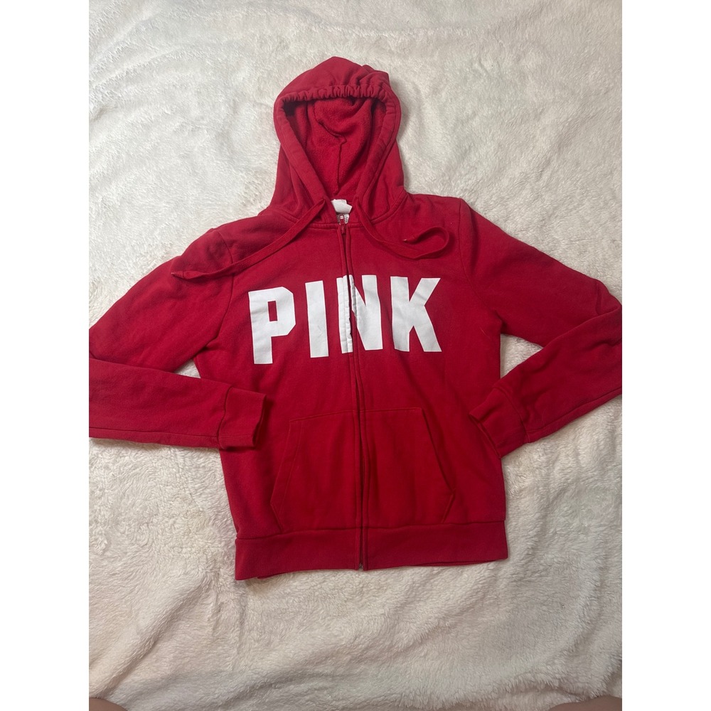 PINK Victoria's Secret Hoodie Women S Red Good Zip Up Logo Graphic
